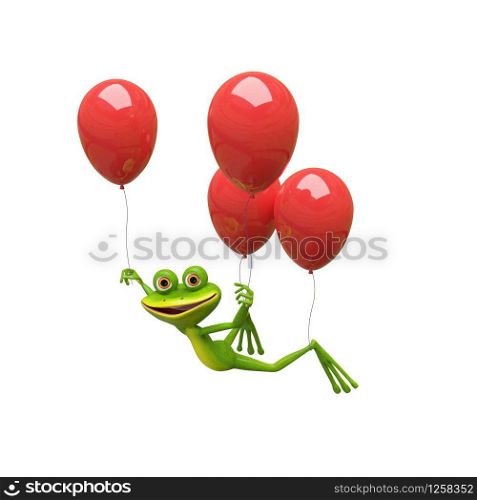 3D Illustration Frog Flies on Red Balloons on a White Background