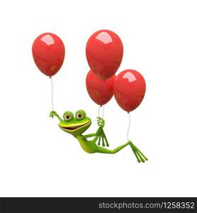 3D Illustration Frog Flies on Red Balloons on a White Background