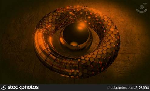3d, illustration - Futuristic technology as a torus object attacked by a fireball explosion.