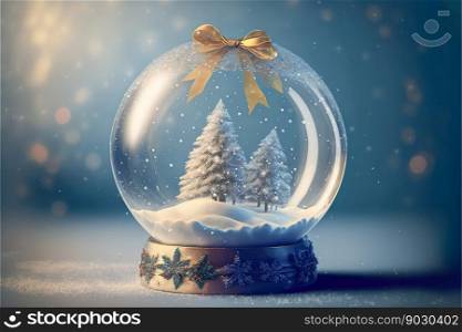 3D illustration , Glass Christmas ball with silver bow on top and snowy background , Generative Ai