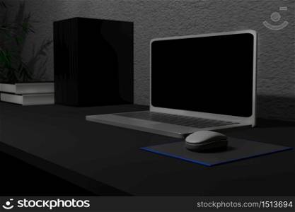 3d illustration gray color computer laptop on the working desk select focus mouse