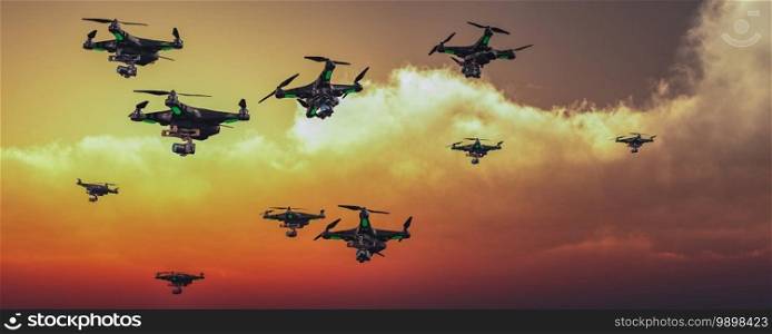 3d illustration, group of drones in the sky
