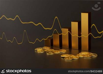 3D Illustration, Growth gold bar financial investment stock diagram on 3d profit graph background of global economy trade price business market  , capital marketing golden banking chart exchange invest  concept. space for text