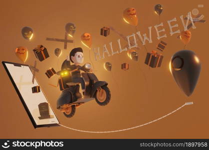 3d illustration. Halloween background . give voucher, banner, poster or background, paper art and craft style, online shopping concept.