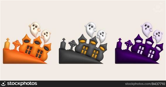 3D illustration. Halloween castle. with a tombstone and a cute little ghost 