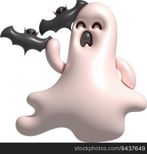 3d illustration. Halloween cute little ghost and bat.