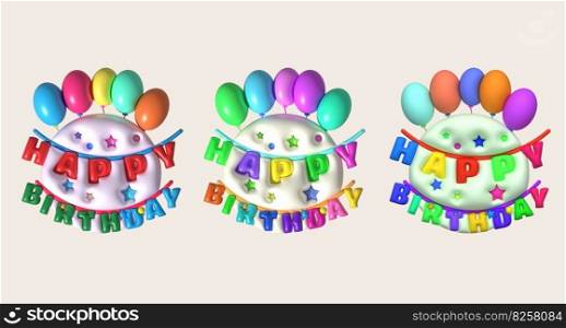 3D illustration. Happy birthday word icon and colorful balloons.