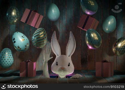 3D Illustration , Happy Easter greeting template or copy space. Cute cartoon rabbit in hole