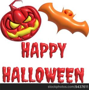 3D illustration. Happy Halloween text. and ghost pumpkins and bats