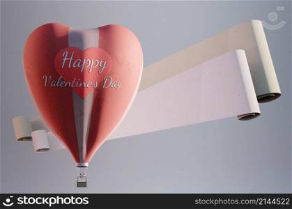 3d illustration. Happy Valentine&rsquo;s Day greeting card with heart shape hot air balloon . SPACE FOR TEXT