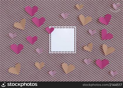 3d illustration. Heart shape paper and blank white frame . CONCEPT Happy Valentine&rsquo;s Day. for design, greeting card, banner.