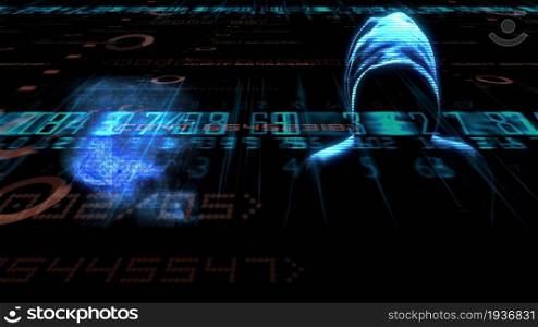 3d illustration - Hooded hacker attacking Data Server Hacker stealing secure information from server