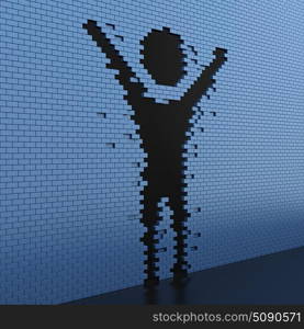 3D illustration human shaped hole in the blue brick wall