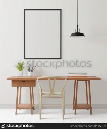 3D illustration, Idea to decorate in minimal workspace with Mockup poster frame on the wall at home or condominium. interior design with wooden table and chair 3D rendering