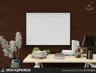 3D illustration, Idea to decorate in minimal workspace with Mockup poster frame on the wall at home or condominium. interior design with wooden table and chair 3D rendering