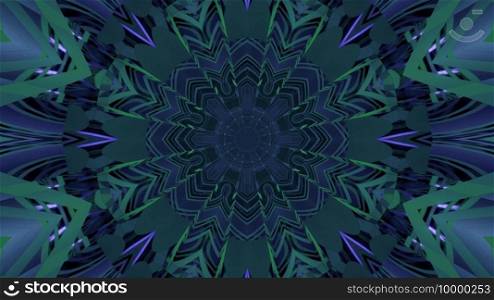 3d illustration inside of circular tunnel with kaleidoscopic star shaped design and neon green and blue illumination as abstract futuristic background. Blue and green kaleidoscopic futuristic background 3d illustration