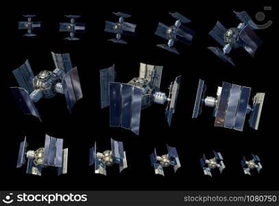 3D Illustration instances of an unmanned spacecraft or satellite orbiter with the clipping path included in the file, for science fiction artwork or video game backgrounds.