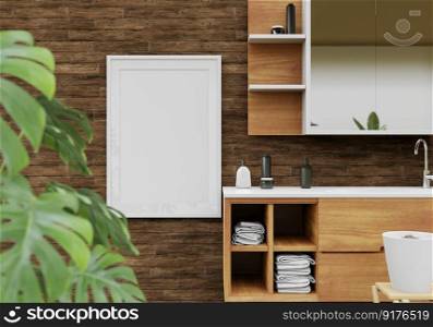 3D illustration, interior design for bathroom area with mockup photo frame hanging on the wall over drawer, home interior decorate shelf and plant, wooden wall background, 3D rendering