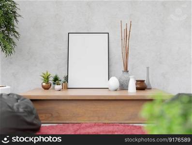 3D illustration, interior design for living area or reception with mockup photo frame stand on drawer, home interior decorate cabinet and plant in pot, 3D rendering