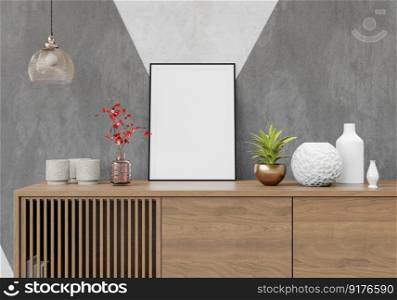 3D illustration, interior design for living area or reception with mockup photo frame stand on drawer, home interior decorate cabinet and plant in pot, 3D rendering