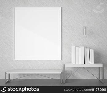 3D illustration, interior design for rest corner and books or living room with blank frame mockup and bench, Perspective in minimal style in white, rendering 