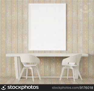 3D illustration, interior design for rest corner or dining room has table and chairs with blank frame mockup, Perspective in minimal style, rendering 