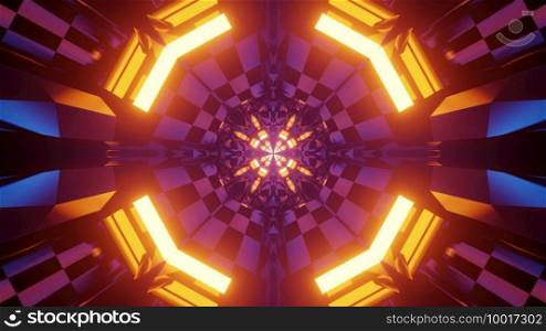 3d illustration interior design of virtual world tunnel with geometric shapes and mirrored cells reflecting bright neon illumination for abstract futuristic background. Multicolored geometric structure with neon lights 3d illustration