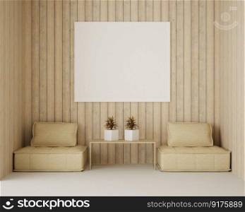 3d illustration interior Modern design minimal style with blank mockup frame on the wall, decoration with modern furniture in living room, 3D rendering