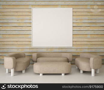 3d illustration interior Modern design minimal style with blank mockup frame on the wall, decoration with modern furniture in living room, 3D rendering