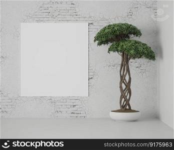3D illustration interior Modern design minimal style with blank mockup frame on old  white wall, decorate with plant in pot in hallway, rendering