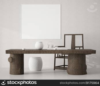 3d illustration interior Modern design minimal style with blank mockup frame on the wall, Desk and chair designed to look like a stump. 3D rendering