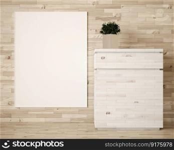 3d illustration interior Modern design minimal style with blank mockup frame on wooden wall and cabinet, 3D rendering