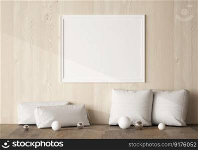 3D illustration interior Modern design minimal style with blank mockup frame on the wall, lamp and seat, cushion modern furniture in rest corner in home, rendering
