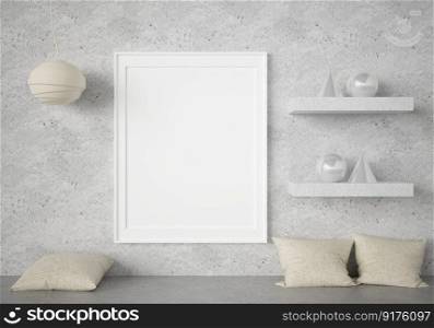 3D illustration interior Modern design minimal style with blank mockup frame on the wall, lamp and seat, cushion modern furniture in rest corner in home, rendering