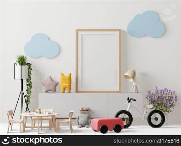 3D illustration Interior of the childroom, nursery or baby room with mockup poster frame on the wall, Decorated Scandinavian Style, 3D rendering 