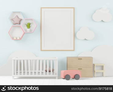 3D illustration Interior of the childroom, nursery or baby room with mockup poster frame on the wall, Decorated Scandinavian Style, 3D rendering 