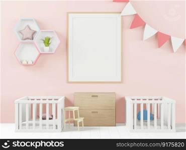 3D illustration Interior of the childroom, nursery or baby room with mockup poster frame on the wall, Decorated Scandinavian Style, 3D rendering 