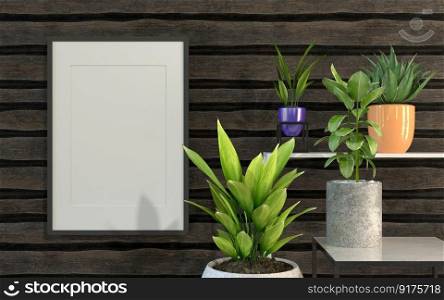 3D illustration. Interior poster mockup frame hanging with green plant in pot on shelves, decoration on wooden wall background. 3D rendering, 