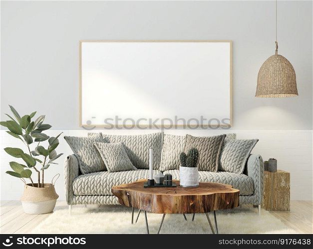 3D illustration Interior poster mockup frames hanging on wall  over a sofa with cushions and coffee table, decorated with l&and plant in pot in scandinavian style living room. 3d rendering.