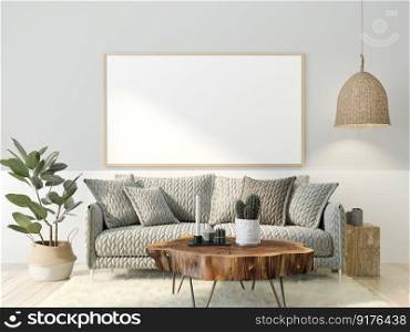 3D illustration Interior poster mockup frames hanging on wall  over a sofa with cushions and coffee table, decorated with l&and plant in pot in scandinavian style living room. 3d rendering.