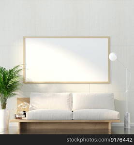 3D illustration Interior poster mockup frames hanging on wall  over a sofa with cushions and coffee table, decorated with lamp and plant in pot in scandinavian style living room. 3d rendering.