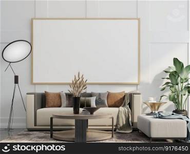 3D illustration Interior poster mockup frames hanging on wall  over a sofa with cushions and coffee table, decorated with lamp and plant in pot in scandinavian style living room. 3d rendering.