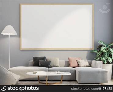 3D illustration Interior poster mockup frames hanging on wall  over a sofa with cushions and coffee table, decorated with lamp and plant in pot in scandinavian style living room. 3d rendering.