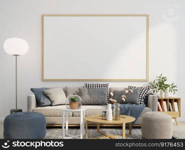 3D illustration Interior poster mockup frames hanging on wall over a sofa with cushions and decorated with plan and flower in vase near books shelves in scandinavian style living room. 3d rendering.