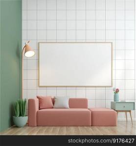3D illustration Interior poster mockup frames hanging on white wall over pastel sofa with cushions, decorated with l&and plant in pot in scandinavian style living room. 3d rendering.