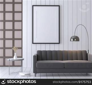 3D illustration Interior poster mockup frames hanging over a fabric sofa in scandinavian style living room. 3d rendering.