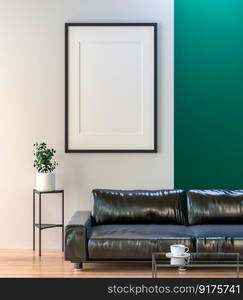 3D illustration Interior poster mockup frames hanging over a leather sofa in scandinavian style living room. 3d rendering.