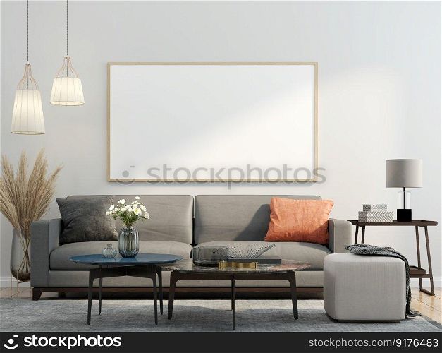3D illustration Interior poster mockup frames hanging over a luxury coach in scandinavian style living room. 3d rendering.