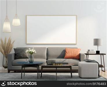 3D illustration Interior poster mockup frames hanging over a luxury coach in scandinavian style living room. 3d rendering.