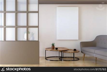 3D illustration Interior poster mockup frames hanging over a sofa in scandinavian style living room. 3d rendering.